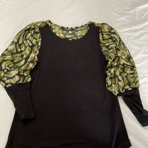 Liz Claiborne Black Top with Green Patterned Sleeves